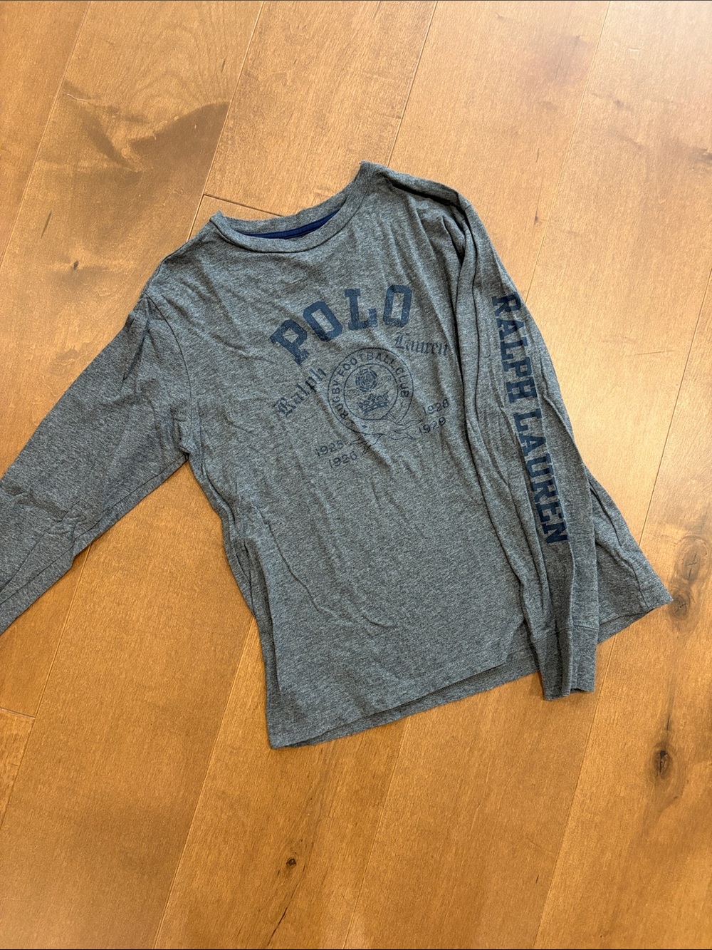 Ralph Lauren Gray Long Sleeve Polo Graphic Tee with Navy Print